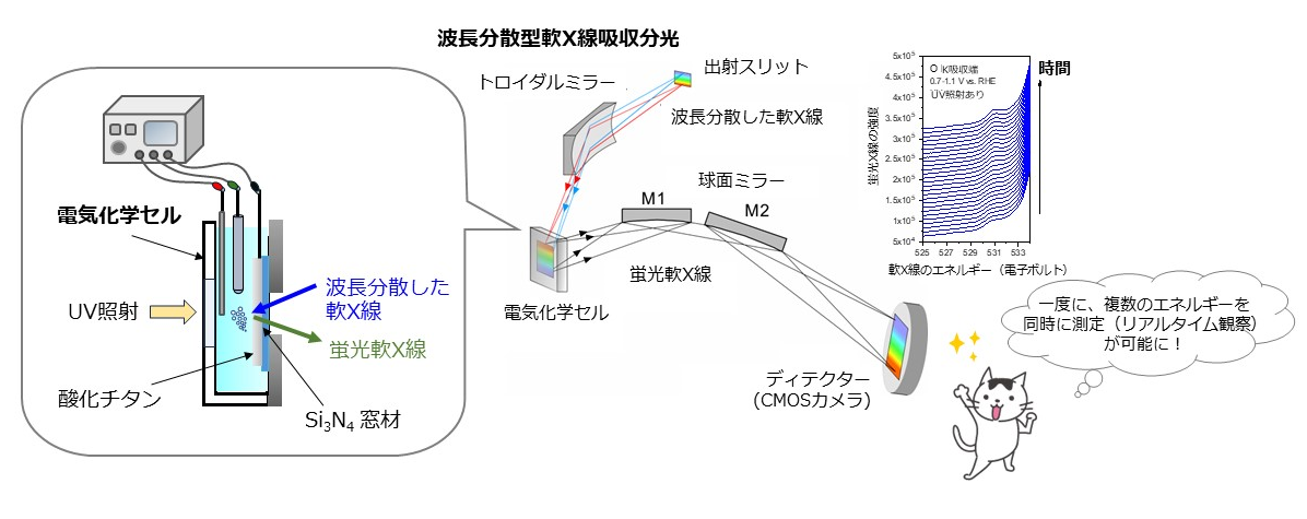 波長分散型軟X線吸収分光と電気化学セルを組み合わせた光電極触媒（酸化チタン）の観察